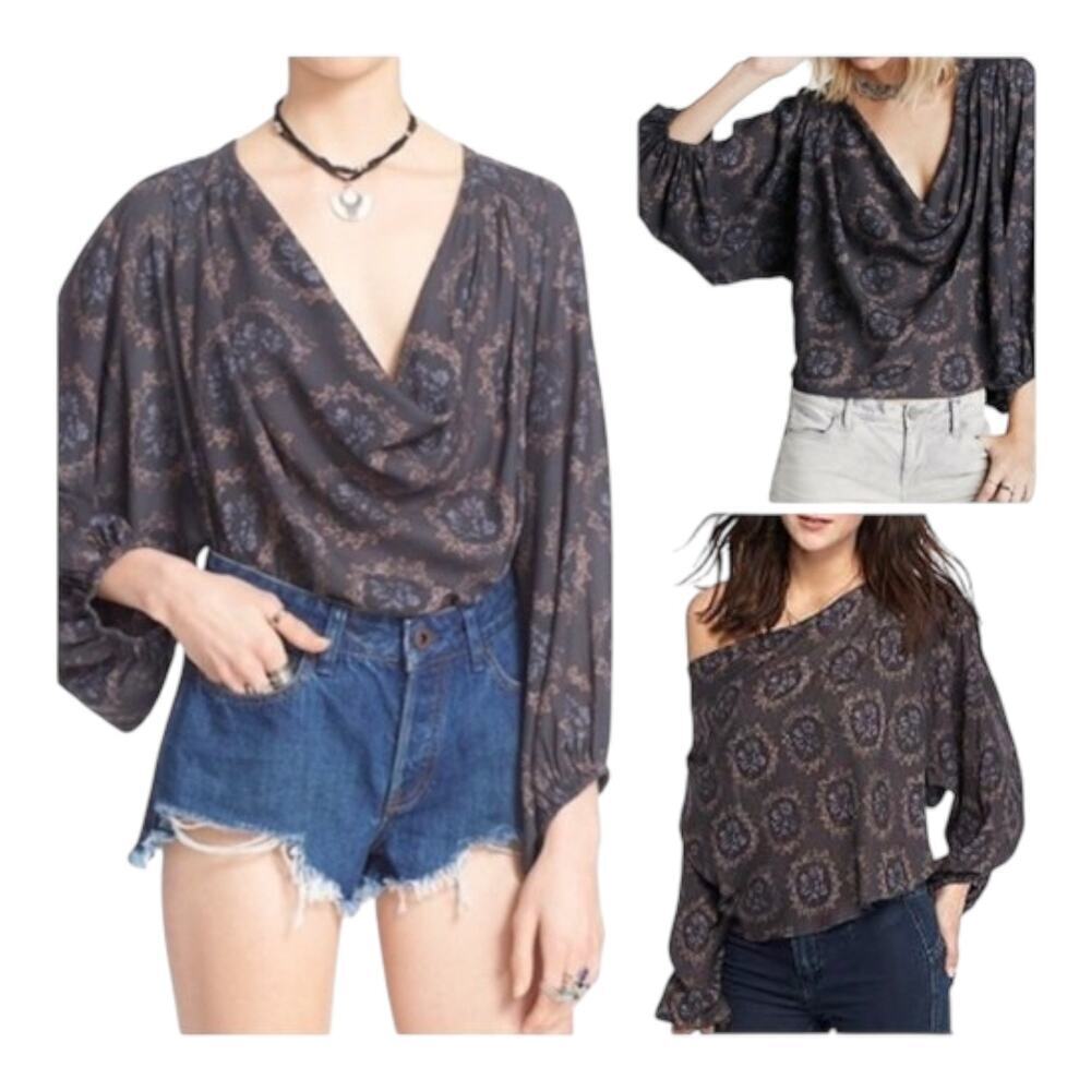 Free People Cowling Around Printed Top Drap Neck Peasant Style Size Small Gray